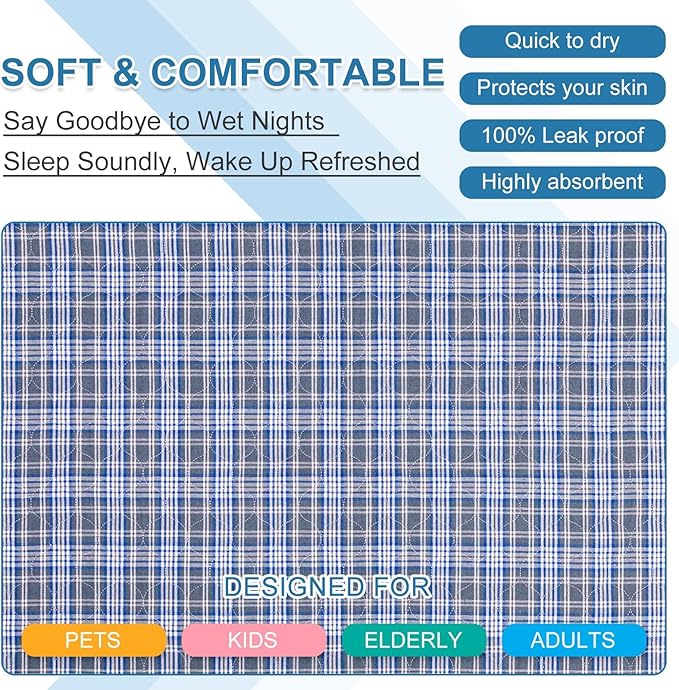 OUTCREATOR® Washable Bed Pads 34" x 76" (Pack of 2) for Incontinence Mattress Protector, Reusable Underpads for Elderly, Adults, Kids, Pets with Anti-Slip Bottom (Light Blue Plaid)