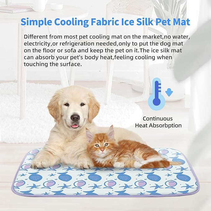 NWK Pack of 4 Pet Cooling Mat - Ice Silk Cooling Mat for Dogs & Cats Portable & Washable Pet Cooling Blanket, Car Seats, Beds for Summer (4pcs, Purple Fish, 39’’ X 27’’ X 0.3)