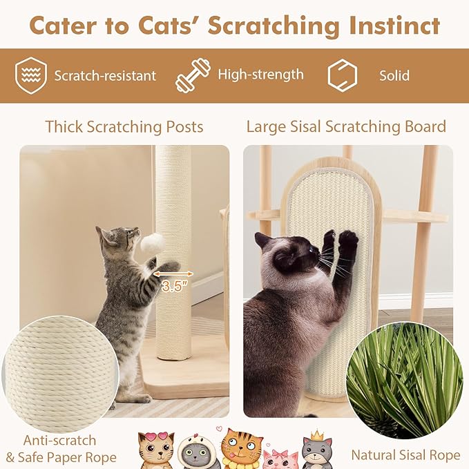 Tangkula Wood Cat Tree for Indoor Cats, Multi-Level Modern Cat Tower with Sisal Scratching Board & Post, Padded Perch, Platform, Hanging Toy, Minimalist Kitten Activity Center for Small & Medium Cats