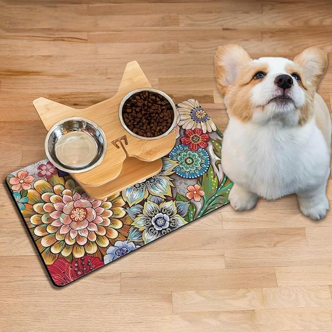 Absorbent Pet Dog Bowl Mat for Food and Water, Pet Cat Food Feeding Mat with Non Slip Rubber Backing, Dog Food Mats for Floors Waterproof, 12"x20"