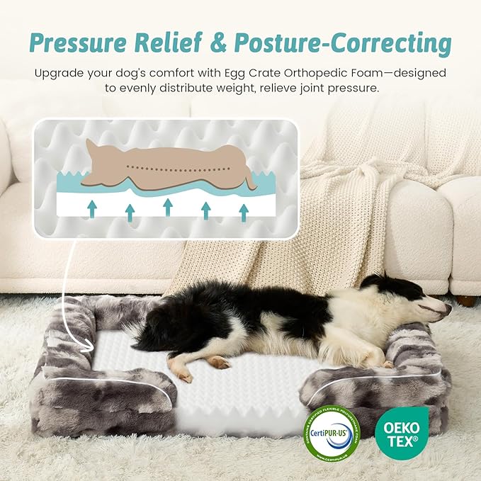 Self Warming Dog Bed for Large Size Dog, Faux Fur Orthopedic Puppy Sofa with Washable Removable Cover, Bolster Orthopedic Foam Bed for Pet Up to 100 lbs, XL 44x32x7 inch, Tie Dye Grey