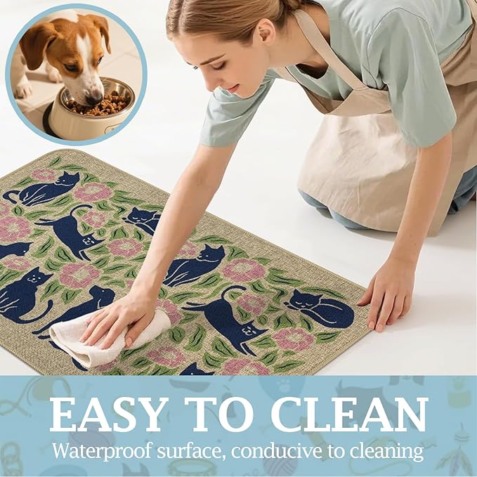 SHIYUE Dog Food Mats for Floors, Absorbent Cat Bowl for Food and Water, Non-Slip Accessories Pet Supplies(16"x24",Beige Animal Flower)