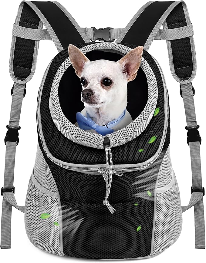 WOYYHO Pet Dog Carrier Backpack Small Dog Front Backpack Ventilated Dog Carrier Back Pack with Storage Pockets, Adjustable Straps & Safety Belt for Travel Hiking Outdoor (Size L: 10-14 lbs, Gray)