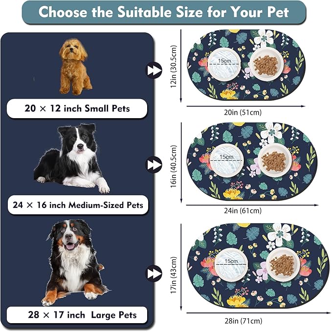 Absorbent Pet Food Mat 24''x16'', No Stains Quick Dry Pet Water Mat Protect Floor, Cat Dog Water Bowl Mat for Messy Drinkers, Non-Slip Rubber Base Pet Placemats for Food and Water, Dark Blue Floral