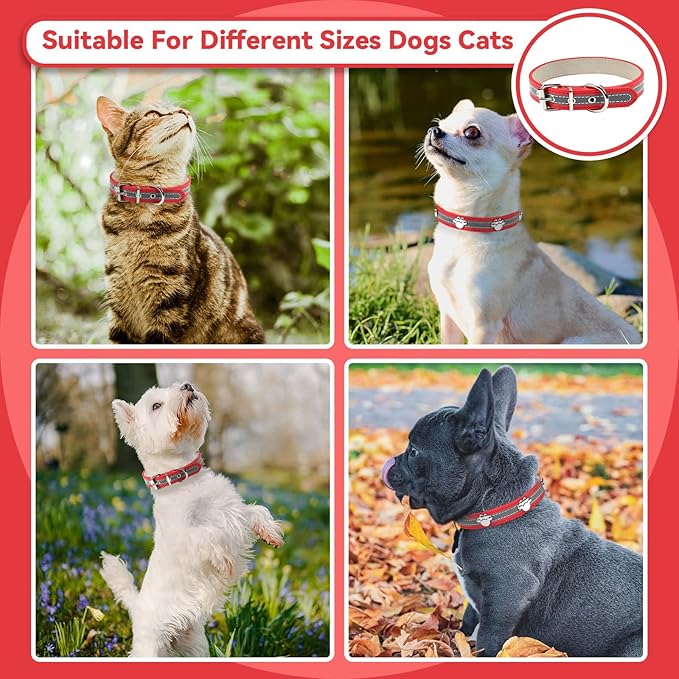 PETCARE Reflective Dog Collar with Cute Paw Rivet Studded Funny Soft PU Leather Adjustable Puppy Dog Collars for Small Medium Large Dogs Cats (Red,XX-Large)