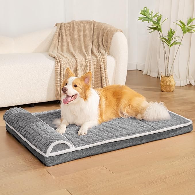 Orthopedic Dog Bed Medium Size Dog with Pillow 30''X20'', Waterproof Soft Comfortable Egg Crate Foam Pet Crate Beds Mat with Removable Washable Cover and Non-Slip Bottom, Grey