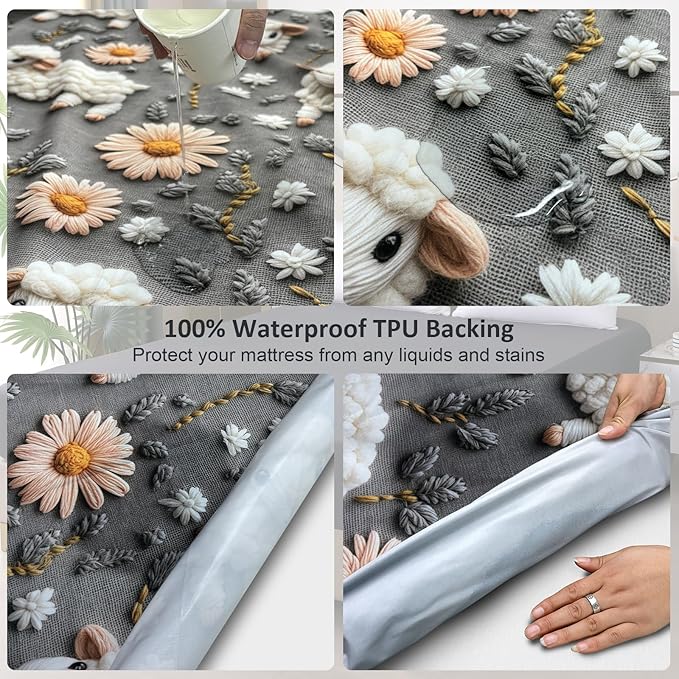 Twin Mattress Protector Waterproof, Fitted Sheet Style Breathable Mattress Cover with Deep Pocket Fits Up to 18'', Noiseless Bed Cover for Kids Adults Pets, Machine Washable (Sheep, Twin)