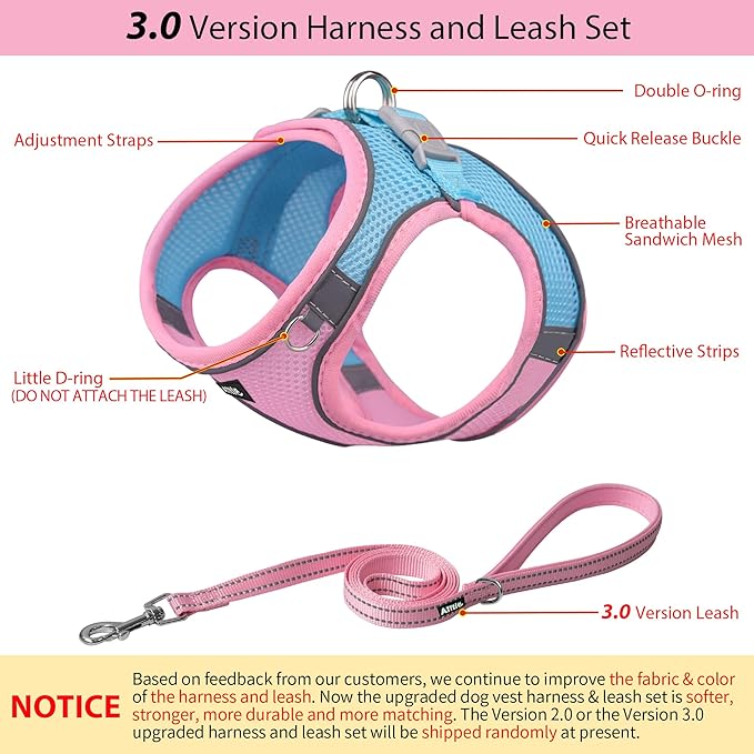 AIITLE Dog Harness, No-Pull Cat Harness with a Leash, Adjustable Reflective Dog Vest, Cat Harness Escape Proof, Outdoor Walking, Running,Training for Extra Small Dogs and House Cats Pink XXXS