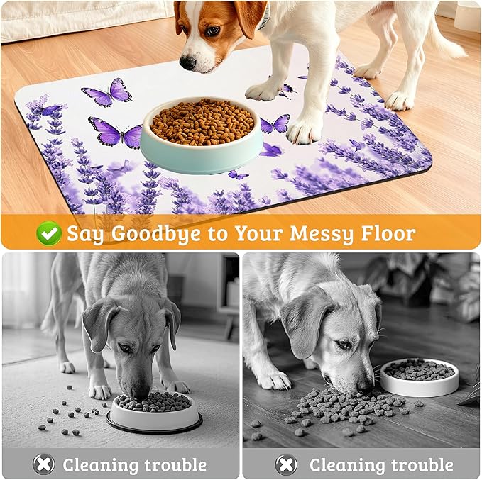 Pet Feeding Mat,Lavender Butterfly Absorbent Dog Cat Food Mat Purple Dog Mat with Rubber Backing,Non-Slip Water Bowl Placemat,Pet Supplies 12" x 20"