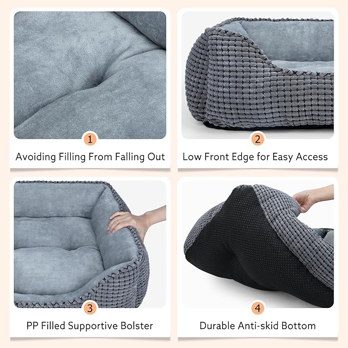 MIXJOY Dog Bed for Large Medium Small Dogs, Rectangle Washable Sleeping Puppy Bed, Orthopedic Pet Sofa Bed, Soft Calming Cat Beds for Indoor Cats, Anti-Slip Bottom with Multiple Size (30-Large, Grey)