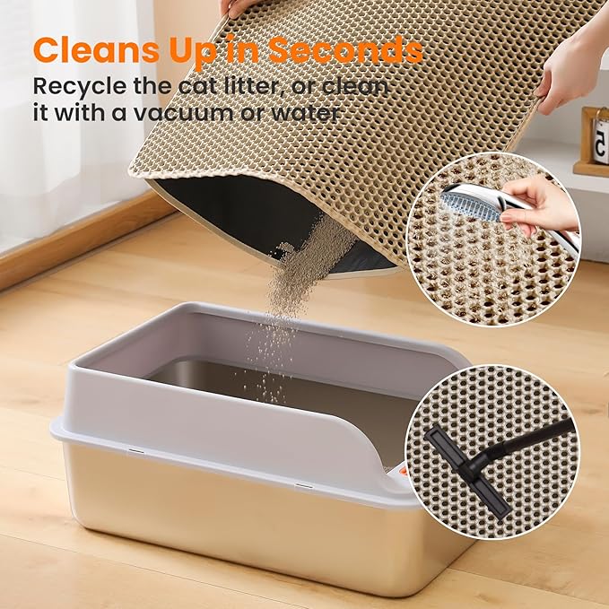Cat Litter Mat, 24x18 Inches Large Double Layer Honeycomb Cat Litter Trapping Mat, Non Slip Waterproof Urine Proof Cat Litter Box Mat for Floor, Kitty Litter Rug, Cat Supplies, Beige
