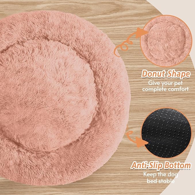 JOLLYVOGUE Calming Dog Bed Medium Size Dog, Anti-Anxiety Donut Medium Pet Bed, 27 inches Fluffy Faux Fur Round Cat Bed (Peach Pink)