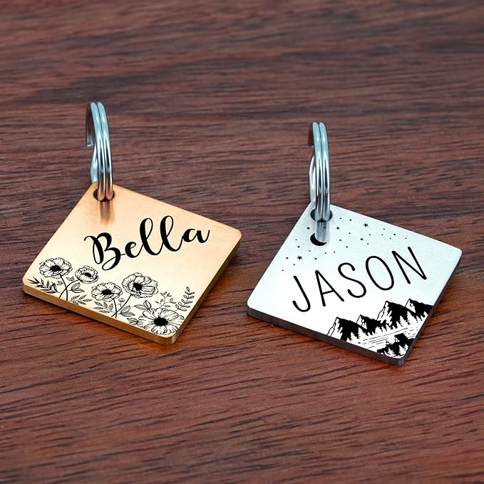 Ultra Joys Stainless Steel Pet ID Tag Dog Name Tags Personalized Front and Back Engraving, Customized Dog Tags and Cat Tags, Optional Engraved on Both Sides, Diamond Tag Mountain Silver Small