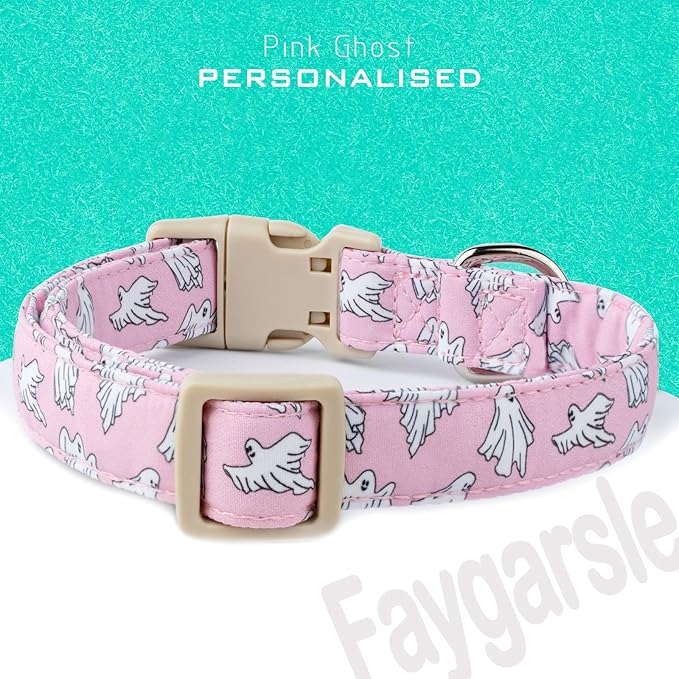 Faygarsle Pink Ghost Pattern Dog Collar with Charm, Halloween Pet Necklace, Adjustable Collar for Small Medium Large Dogs L