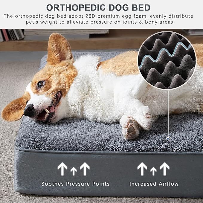 MIHIKK Waterproof Dog Beds for Small Dogs Orthopedic Dog Beds for Crate with Removable Washable Cover Egg-Crate Foam Pet Pad Mat with Anti-Slip Bottom, 29x18 Inch, Grey