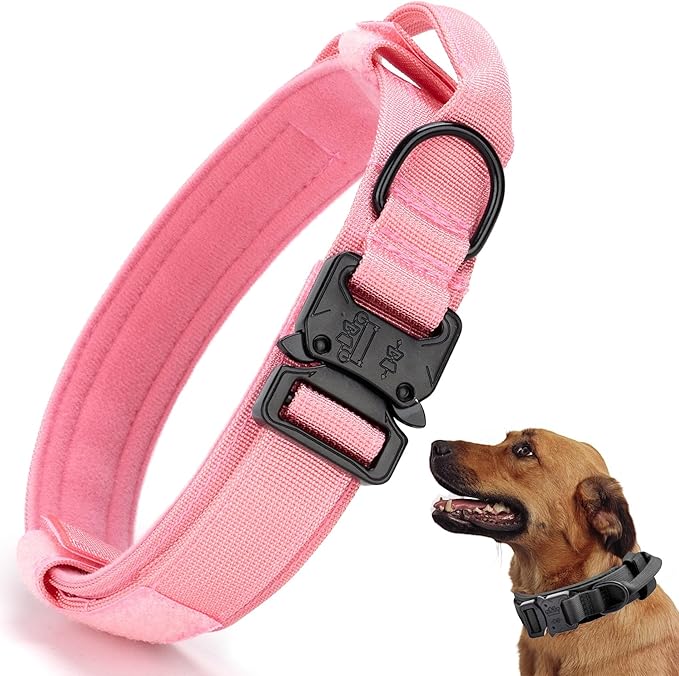 Tactical Dog Collar, Adjustable Military Training Nylon Dog Collar with Control Handle and Heavy Quick-Release Metal Buckle for Small Medium Large Dogs, Light Pink S