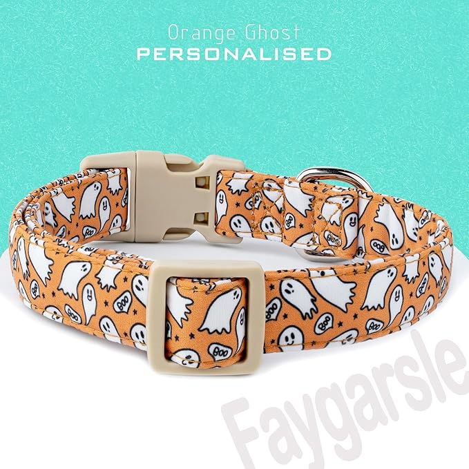 Faygarsle Halloween Ghost Pattern Dog Collar with Charm, Orange and White,for Small Medium Large Dogs XS