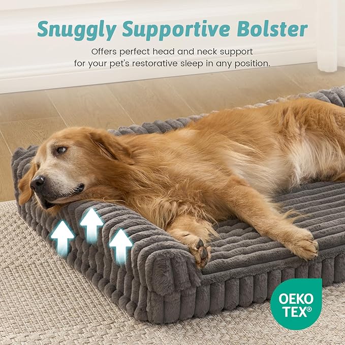 Cute Dog Bed, Faux Rabbit Fur Orthopedic Foam Dog Bed with Sides, Removable Washable Cover & Waterproof Lining, Comfortable Pet Couch for Extra Large Dogs, Grey (48" L x 35" W x 7.5" Th)