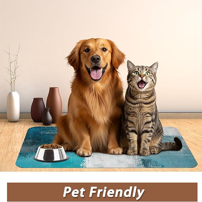 Turquoise Grey Dog Cat Food Mat,Teal Modern Art Absorbent Pet Feeding Mat for Food and Water,Non-Slip Dog Bowl Mats Floor Protector 12"x20"