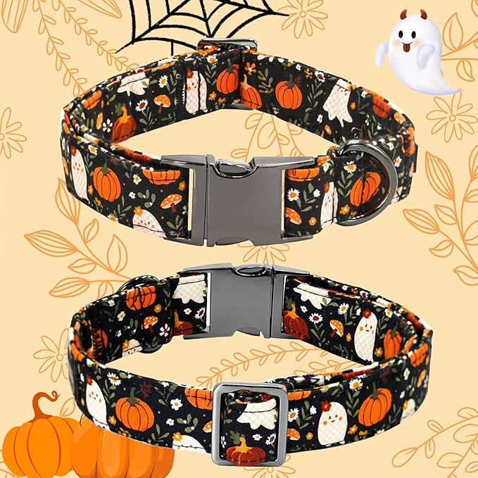 Halloween Dog Collar, Ghost Print Adjustable Pet Collar Fall Pumpkin Cute Cotton Soft Collars with Bow Tie Fall Metal Buckle Holiday Puppy Collars Boy&Girl Gift for X-Small Dogs