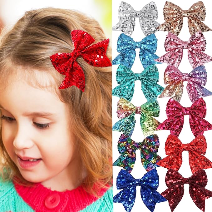 3-inch Sequined Bow Hair Clips For Baby Girls, Toddler, Kids and Young Women Birthday Party Wedding Christmas Occasions Pet Accessories Set of 2 (Rainbow Green)
