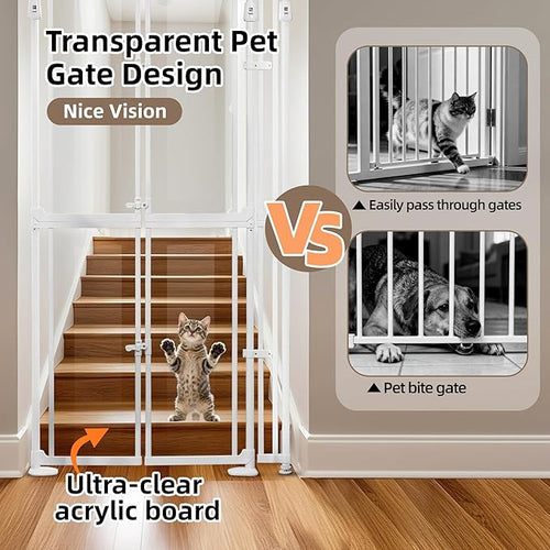 74.80-98.43'' Extra Tall Cat Gate, Adjustable 33.86” and 35.80" Wide, Transparent Full Door Pet Gate, Auto Close No Drilling Cat Proof Safety Gate for Doorway Stairs- White