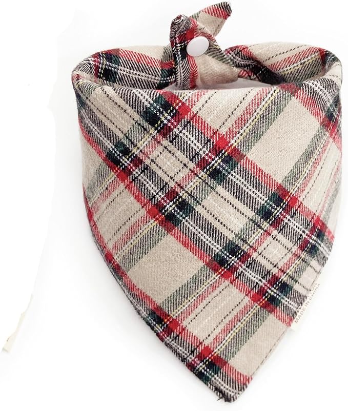 Christmas Plaid Dog Bandana with Button, Fall Dual Layer Scarf Soft Cotton Triangle Bib Girls and Boys Kerchief Adjustable Accessories for Small Medium Large Extra Large Dog Puppy Pet Cat
