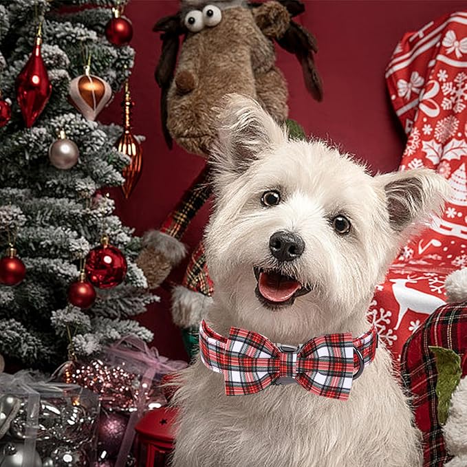 Christmas Dog Collar, Red Plaid Cotton Collars with Bow Adjustable Pet Collar Premium Metal Buckle, Christmas Puppy Necklace for X-Small Girl and Boy Dogs