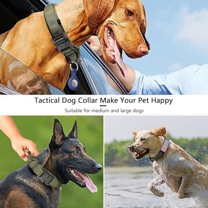 DAGANXI Tactical Dog Collar, Adjustable Military Training Nylon Dog Collar with Control Handle and Heavy Metal Buckle for Medium and Large Dogs, with Patches and Airtags Case (L, Green)