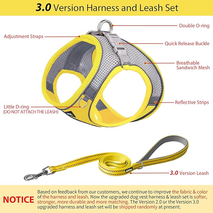 AIITLE Dog Harness, No-Pull Cat Harness with a Leash, Adjustable Reflective Dog Vest, Cat Harness Escape Proof, Outdoor Walking, Running,Training for Extra Small Dogs and House Cats Yellow XXXS