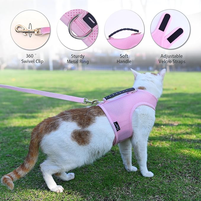 Kitty Harness and Leash for Walking Escape Proof Breathable Mesh Fabric, Solid Pink, Small, Adjustable Cat Walking Jackets with Handle, Padded Stylish Cat Vest