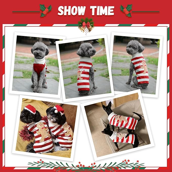 Dog Christmas Sweater Xmas Pet Clothes Cute Striped Gingerbread Man Costume Holiday Puppy Cat Jumpers Outfits New Year Gifts for Small Medium Large Dogs(Red Gingerbread Man,XXS)