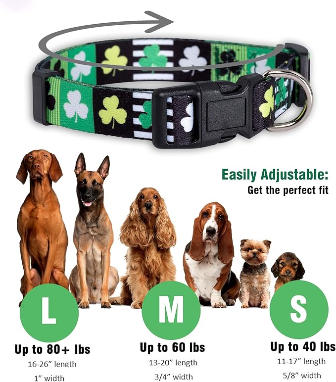 Native Pup St Patricks Dog Collar- Saint Patrick Green Shamrock Pet Collars- St. Patrick’s Lucky Irish- Adjustable for Small, Medium, Large Breeds (Patterned Shamrock, Medium)