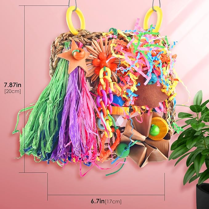 KATUMO Conure Toys, Bird Grass Mat Parakeet Shredder Hanging Toy Cockatiel Foraging Entertainments Parrot Climbing Wall Chewy Lovebird Cage Playthings for Small to Medium Birds