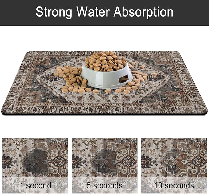 Dog Food Mats for Floors, Absorbent and Quick-Drying Pet Cat Food Mat,Anti-Fouling and Easy-to-Clean Pet Feeding Mat,Dog Bowl Mat for Messy Drinking Water Bowls.12 x20, Bohemia Style