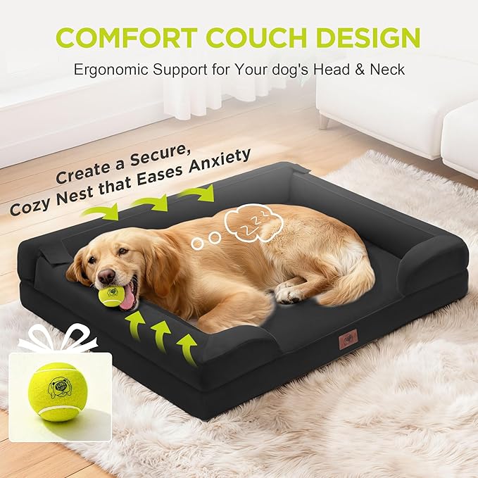 Orthopedic Dog Beds for Large Medium Dogs, Big Waterproof Memory Foam Pet Couch Bed with Removable Washable Cover, Tennis Ball Toy, 36x27