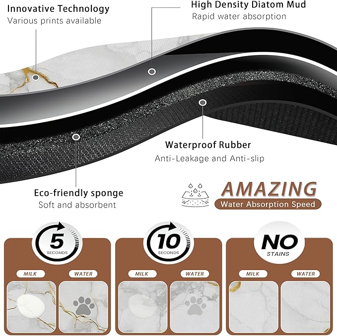 Marble Dog Food Mat for Floors,White Gold Marble Absorbent Quick-Dry Pet Feeding Mat,Cat Dog Bowl Mats for Food and Water,Non-Slip Pet Accessories Supplies 12"x20"