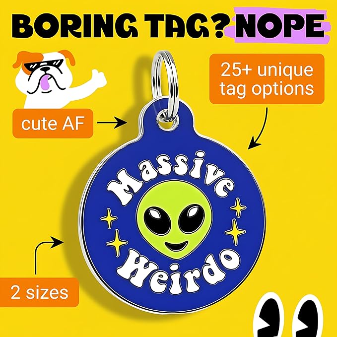 Bad Tags Personalized Dog and Cat ID Tags in 25+ Designs and 2 Sizes - 5 Lines of Custom Engraved Text - Funny Cute Personalized Pet Tags (Massive Weirdo, Small (1 inch))