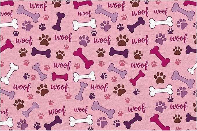 Dog Feeding Mat 20 x 12 Inch, Pink Paw Bone Woof Dog Placemat Absorbent Quick-Dry for Food and Water, Waterproof Non Slip Rubber Pet Bowl Pad Mat for Floors