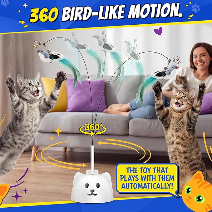 Interactive Cat Toys for Indoor Cats - Automatic Flying Bird Feather Toy, USB Rechargeable Electric Cat Teaser with Sticky Suction Base, Smart Motion Activated Self-Play Enrichment Toy for Bored Cats