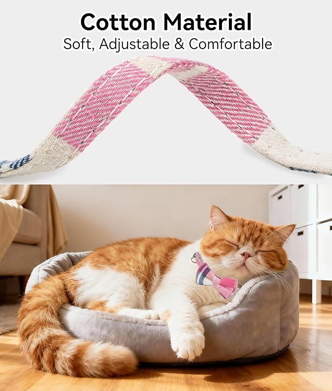 Joytale Upgraded Cat Collar with Bells, Breakaway Cat Collars with Bow Tie, 2 Pack Girl Boy Safety Plaid Kitten Collars, Haze Blue+Pink