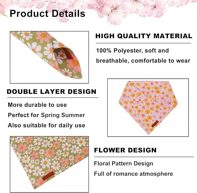 ADOGGYGO Floral Dog Bandanas 2 Pack, Daisy Flower Pet Scarf, Premium Fabric, Adjustable Fit Spring Summer Floral Bandanas for Extra Large Dogs (X-Large)