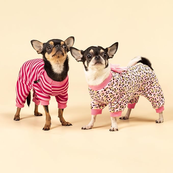 Fitwarm Leopard Dog Pajamas, Fleece Dog Clothes for Small Dogs Girl with Legs, Pet Onesie, Cat Outfit, Pink, Medium