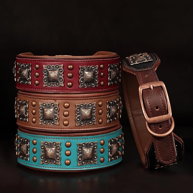PET ARTIST Genuine Leather Dog Collar for Large Dogs, 2 inch Wide Luxury Dog Collar with Rivet Studded & Metal Buckle, Comfortable & Stylish Pet Collars for Great Dane Rottweiler,Green,Neck 22-25"