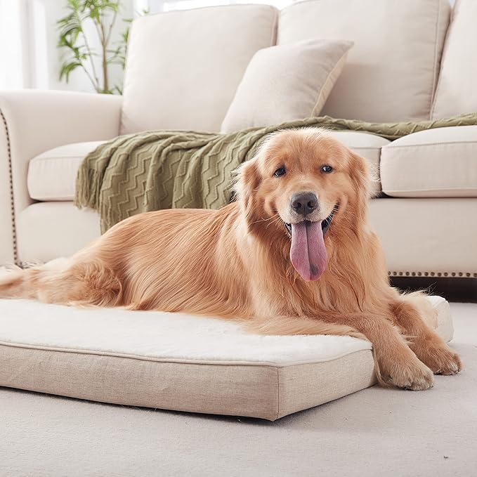 Extra Large Dog Bed, Cooling Dog Beds for Large Dogs, Washable Orthopedic Pet Bed for Crate with Joint Relief Memory Foam, Waterproof Liner and Plush Cover (41"x 29", Beige)