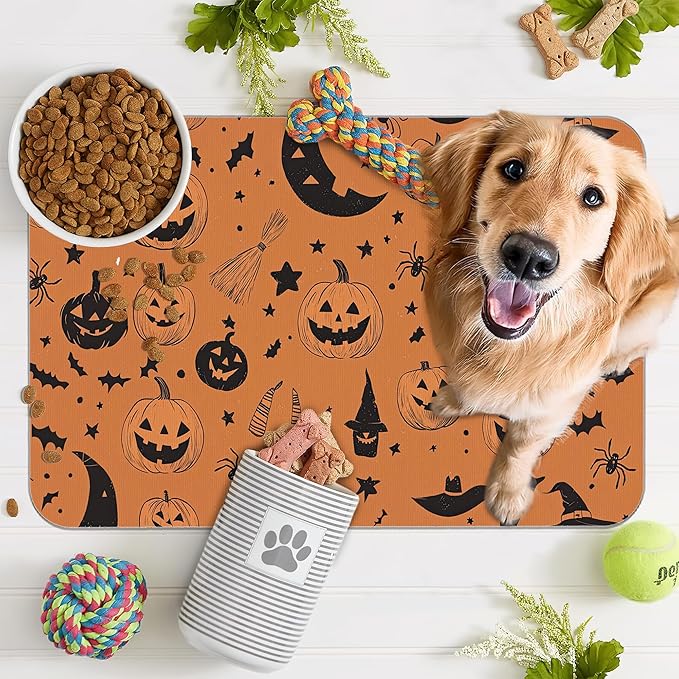 Halloween Dog Food Mat for Floors,Pumpkin Bat Absorbent Quick-Dry Pet Feeding Mat,Cat Dog Bowl Mats for Food and Water,Non-Slip Pet Accessories Supplies 16"x24"