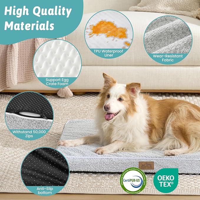 Dog Crate Bed for Large Size Dogs, Rectangular Orthopedic Dog Beds, Foam Anti-Slip Bottom Pet Mat with Washable Removable Cover, Suitable for Pet Up to 75 lbs, 36x27x3 inch, Grey