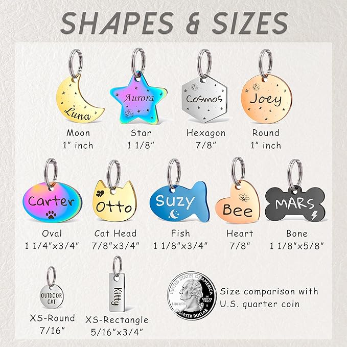 Anavia Small Size Dog Cat ID Tags, Small/XS Personalized Color Plated Stainless Steel Puppy Kitten Name Tags, Customized Engraved Nameplate Pet Collar Tag (Gold, Cat Head)