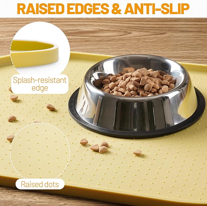 Hubulk 100% Waterproof Silicone Pet Feeding Mat with Raised Edge for Food and Water, Dog Bowl Mats, Cat Bowls Placemat with High Lip Protects Floor for Cats and Dogs (Yellow, 24" L x 16" W)