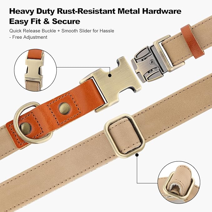 Plutus Pet Genuine Leather & Hemp Dog Collar – Adjustable Heavy Duty Pet Collar with Quick Release Metal Buckle, Soft & Stylish for Puppy and Small, Medium, Large Dogs (Beige, M)